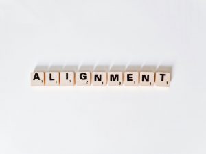 S&OP et importance de l'alignement, orthographié avec des lettres de Scrabble